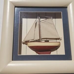 Framed Nautical Wooden Sailboat Cloth Sails 3D Wall Art, Cream, Blue And Red.